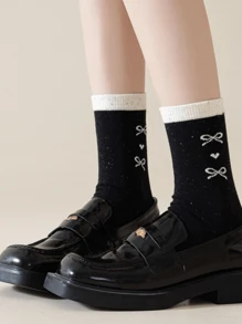 5双装春秋女士袜子圆点纱蝴蝶结袜子时尚中筒袜春夏薄款透气短袜休闲运动袜