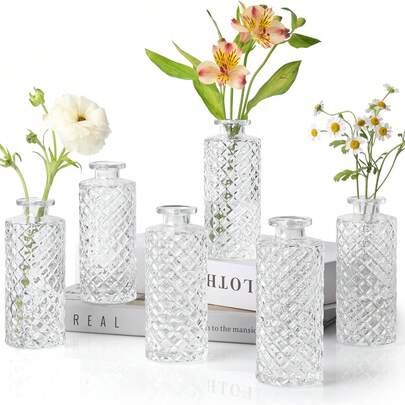 12 件玻璃花瓶套装，小钻石花瓶散装，迷你花瓶用于中心装饰，复古瓶子装饰适用于餐桌、婚礼、招待会、家居（透明）