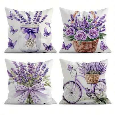 4 件装紫色薰衣草印花靠垫套涤纶桃皮绒抱枕套 45x45 厘米现代风格涤纶拉链开合可机洗适用于家居装饰