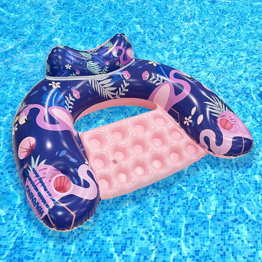 1pc U-Shaped Inflatable Pool Float, PVC Material With Cup Holder, Suitable For Pool Party, Water Relaxation And Recreation - Multicolor - View 1