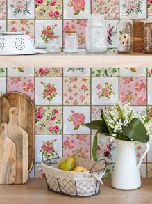 SUPSTICKER 1/10pcs Vintage Spring Floral Pattern Home Decor Wall Stickers, Crystal Thickened Faux Ceramic Tile Wall Decals, Self-Adhesive Removable, Suitable For Living Room, Bedroom, Kitchen Tile Walls Or Smooth Surfaces, Also For Cabinet, Tabletop Decoration, DIY - Multicolor - View 8