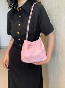 1pc Solid Color Bow Decor PU Leather Women's Shoulder Bag, Fashionable Open-Top Handbag With Chain And Ruched Design, Suitable For Women, Girls, Students, Travel, Party, Daily Use - Pink - View 5
