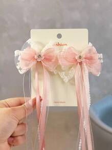 2pcs/Set Girls Elegant & Cute Netted Lace Crystal Ombr Butterfly Hair Clips - Pink - View 3