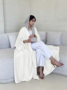 Women's Solid Color Middle Eastern Dignified Jacket, Fashionable Lightweight Batwing Sleeve Cardigan Long Robe With Belt, No Headscarf - White - View 3