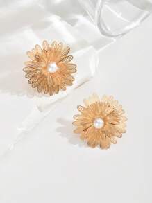 1 对时尚多层空心花朵仿珍珠耳环，适合女性日常、派对和服装搭配 - 金色 - 查看 4