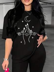 Camiseta de Cuello Redondo con Huella de Luna y Mano, Camiseta Casual de Manga Corta para Primavera y Verano, Ropa de Mujer - Negro - Ver 1