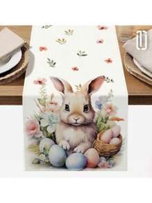 1pc, Happy Easter, Cute Bunny, Easter Egg Pattern Tablecloth, 72 Inch Knitted Polyester Easter Atmosphere Tablecloth, Holiday Table Decoration Tablecloth, Home Decor, Easter Decoration, Gift