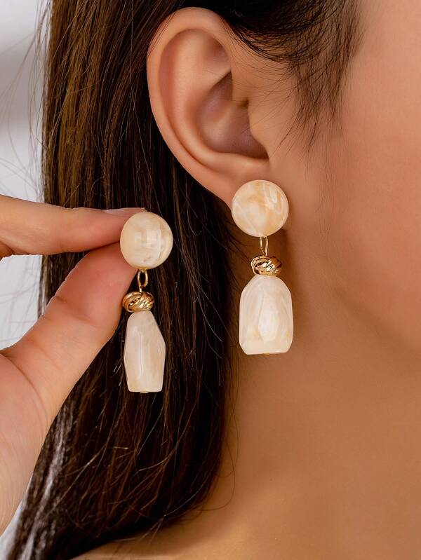 1 Pair Vintage-Look Faux Jade & Marble Geometric Earrings, Unique Design Suitable For Daily Wear