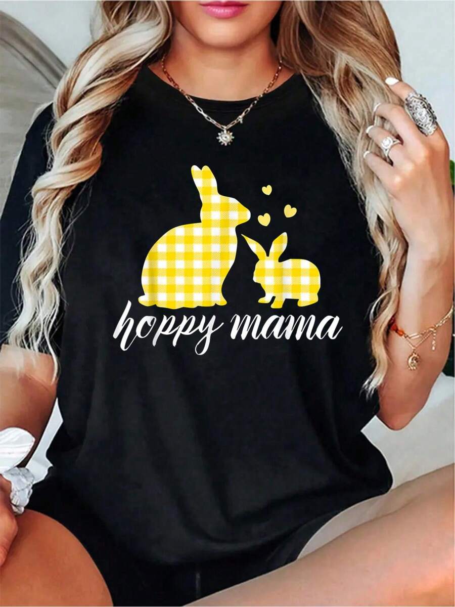 Hoppy Mama Easter Plaid Bunny Rabbit Mama Bunny Mom T-ShirtWomen's Casual Short Sleeve Crew Neck T-Shirt For Spring & Summer
