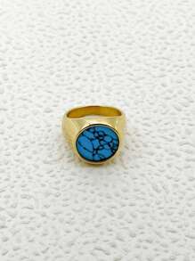 Mazuer 1pc 18k Gold Vintage Retro High-End Design Stainless Steel Turquoise Ring, Elegant & Chic For Women, Suitable For Valentine's Day, Daily Wear, Parties, Meetings, Dates, Gifts, Travels, Holidays,Mom,Mother,Mother's Day,Gift - Yellow Gold - View 4