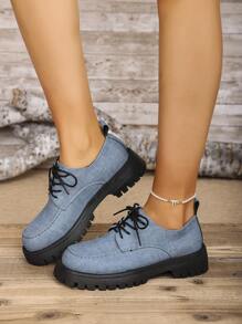 大码女式黑色厚底鞋 41 42 43，英式厚底 JK 制服鞋，学院防滑增高乐福鞋高跟鞋 - 藍色 - 查看 2