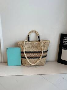 1 pieza Bolso de mano de mujer bicolor, bolso de hombro de gran capacidad tejido de paja para ir de compras, playa y uso diario