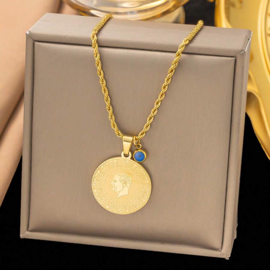 1pc 18K Gold Stainless Steel Blue Eye Twisted Pendant Necklace, Vintage Elegant Simple Design