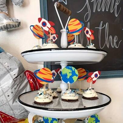 24 Peças Topo de Bolo Temático de Espaço Infantil, Avião, Mapa, Astronauta, Terra, Estrela, Lua, Decoração de Bolo para Festa de Aniversário Temática de Espaço