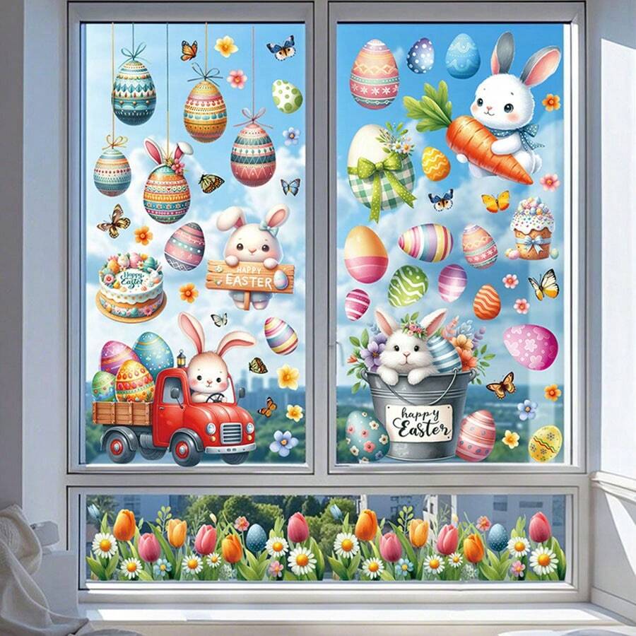 88pcs/9 Sheets Easter Garden Eggs Rabbit Refrigerator Cabinet Window Stickers - Reusable Home Decoration Static Cling Window Decals Gifts Birthday Graduation - Multicolor - View 1