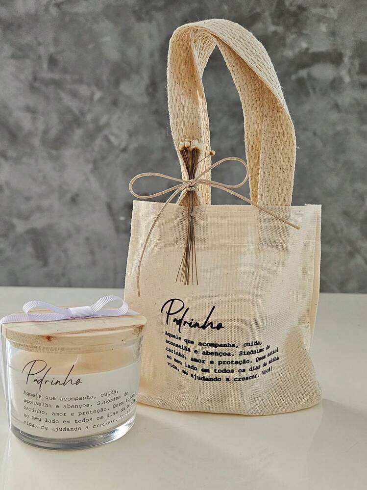VELA PERFUMADA PERSONALIZADA 110G E SACOLA MINI ECOBAG  - PRESENTE PADRINHOS DE BATIZADO - PADRINHO - Visão 3