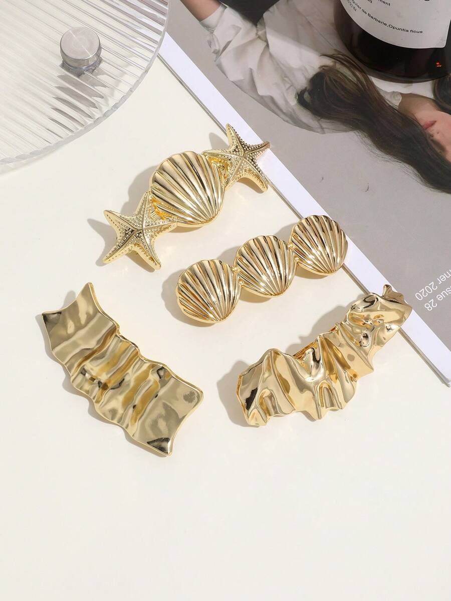 1pc Elegant Geometric Shell Design Vintage Gold-Tone Metal Hair Clip