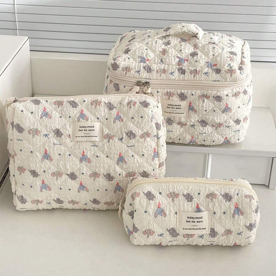 Elephant Print Cosmetic Bag, Soft Canvas Zipper Pouch, Large Capacity Toiletry Organizer For Home, Travel And Daily Use - Multicolor - View 1