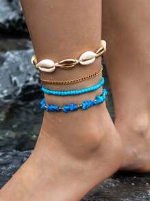女士波西米亚风格脚链，海洋海滩，贝壳砾石米珠编织脚链，4 件/套