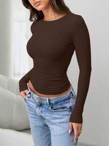 Elegant & Versatile Women's Solid Color Round Neck Long Sleeve Ruched Fitted T-Shirt, Suitable For Summer And Autumn/Winter Seasons