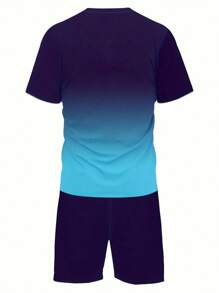 2 piezas de conjunto co-ord de verano con degradado para hombres: camiseta de cuello redondo de manga corta y pantalones cortos con cordón y bolsillos - Tela de poliéster, ligeramente elástica, lavable a máquina, estilo casual