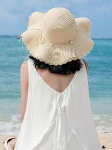 1pc Stylish Ruffled Straw Sun Hat For Outdoor Beach Vacations - Bandage Design With Pearl Pendant,Perfect Fashionable Accessory!