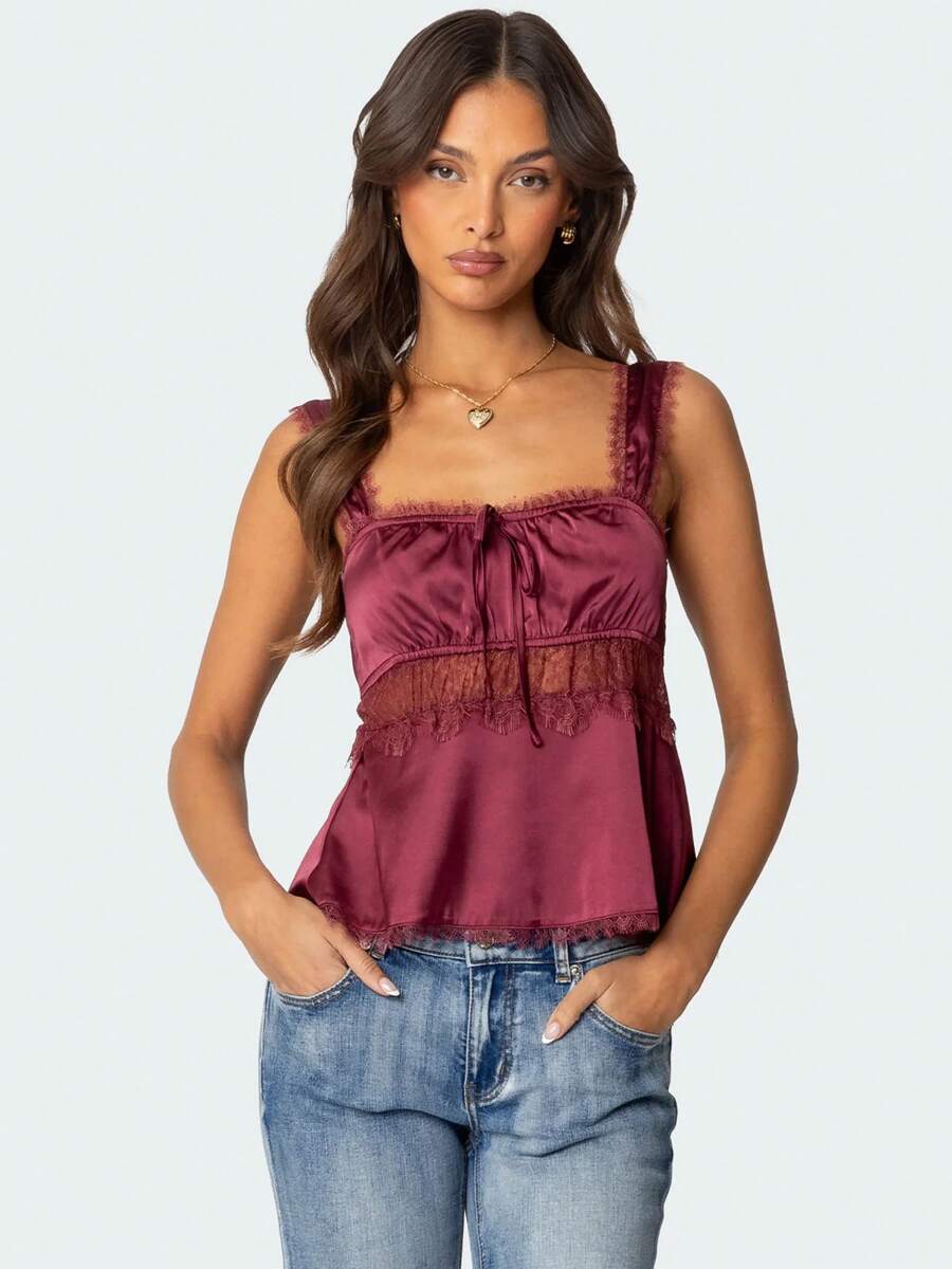 Women Lace Satin Patchwork Tank Tops Babydoll Camisole Slim Lace Trim Square Neck Wide Strap Sleeveless Backless Summer Going Out Cropped Tops - Màu Đỏ Sâu - Xem 1