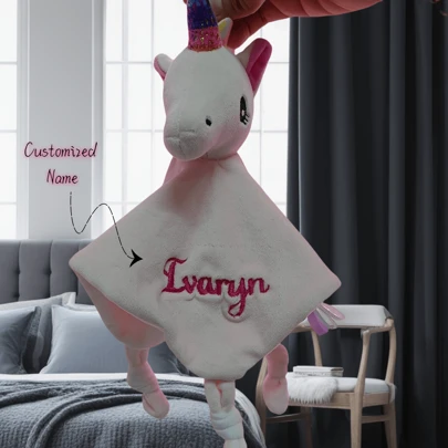 1pc Customized Embroidered Name Comfort Blanket, Rabbit/Elephant/Unicorn Design, Personalized Embroidered Name, Soft Comfort Blanket, Skin-Friendly, Emotion Soothe, Accompany Growth, Adorable Elephant/Rabbit/Pink Beast Designs, Suitable For Birthday Gift, New Mom Gift, Valentine's Day Gift, Anniversary Gift