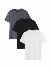 Set de 3 piezas, camiseta de mujer de verano de cuello redondo y manga corta, versátil y de unicolor, apropiada para uso diario. Blanco, negro y rosa