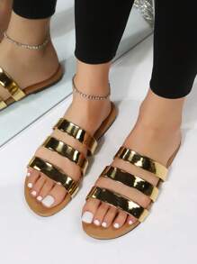 青少年休闲平底一脚蹬镂空金色条纹平底凉鞋，罗马风格，适合海滩、度假和波西米亚风 - 金色 - 查看 2