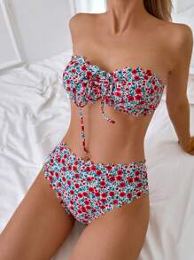 Summer Beach Sweet Floral Print Shell Edge Bikini Set With Front Drawstring, Perfect For Beach Parties - Multicolor - View 1