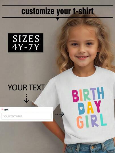 Custom Text T-Shirt Casual Sports Style For 4-7 Years Old Girls, Personalized Creative Outdoor Comfortable Spring Summer Versatile