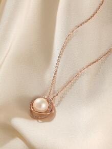 1 件时尚方晶锆石 S925 纯银玫瑰金环绕水钻和珍珠项链，适合女性日常佩戴和派对礼物 - 玫瑰金 - 查看 6