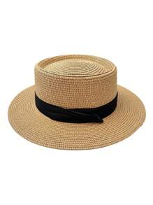 French Flat-Brimmed UV-Blocking Sunhat For Women, Foldable Design With Ribbon, Casual & Fashionable Straw Hat For Beach, Resort, Summer, Spring