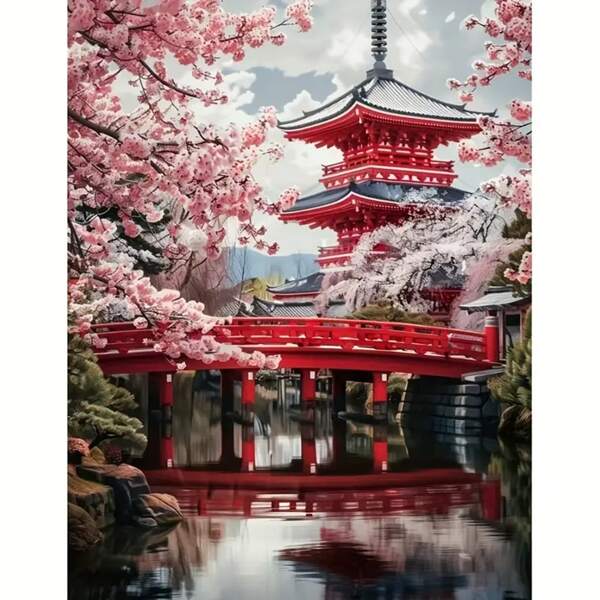DIY 5D Diamond Painting Set - Cherry Blossoms And Pagoda, Full Diamond Round Rhinestone Art Set, Suitable For Beginners And Enthusiasts, Home Wall Decoration, Birthday Or Valentine's Day Gift