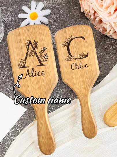 1/2Pcs Personalized Custom Comb, Customized Air Cushion Bamboo Comb, Customizable Initial Flower And Name, Paddle Hairbrush Laser Engraved Natural Bamboo Comb Paddle Detangling Hairbrush, Suit For Women Men And Kids Ornamental, Letter, Solid Color, Exquisite, Stylish, Vintage, Modern, Colorful, Leisure, Basics, Casual, Soft, Unique, Customized, Personalized, Custom, Ideal Gifts For Her, Girlfriend, Her, Boyfriend, Friends,Beauty & Health,Chic Autumn,Perfect Gift For Wedding Memento