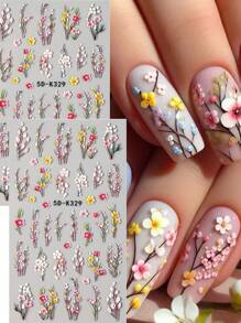 Stickers d'art pour ongles 5D en relief avec bouquet de fleurs de marguerite rose rêveuses, feuille de vigne verte et fleur à cinq pétales épanouissante et rose. Décorations de charms et fournitures pour manucure DIY