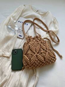 手工编织小斜挎包，新款时尚编织单肩包，适合海滩、休闲、单肩包、信封包 - 卡其色 - 查看 12