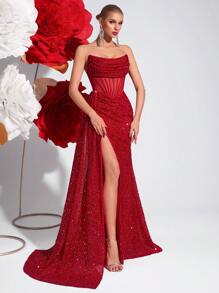 Elisanya 亮片无肩带镂空高腰长款缎带开衩露背系带鸡尾酒会晚礼服、婚礼宾客礼服、正式礼服、毕业礼服 - 紅色 - 查看 3