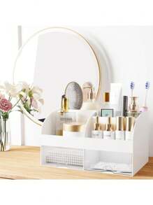 1 Pieza Organizador de maquillaje con cajones, almacenamiento de cosméticos para tocador, vanidad y encimera del baño, soporte de belleza para lápiz labial y brochas, organizador de productos de cuidado de la piel para tocador, vitrina para cosméticos