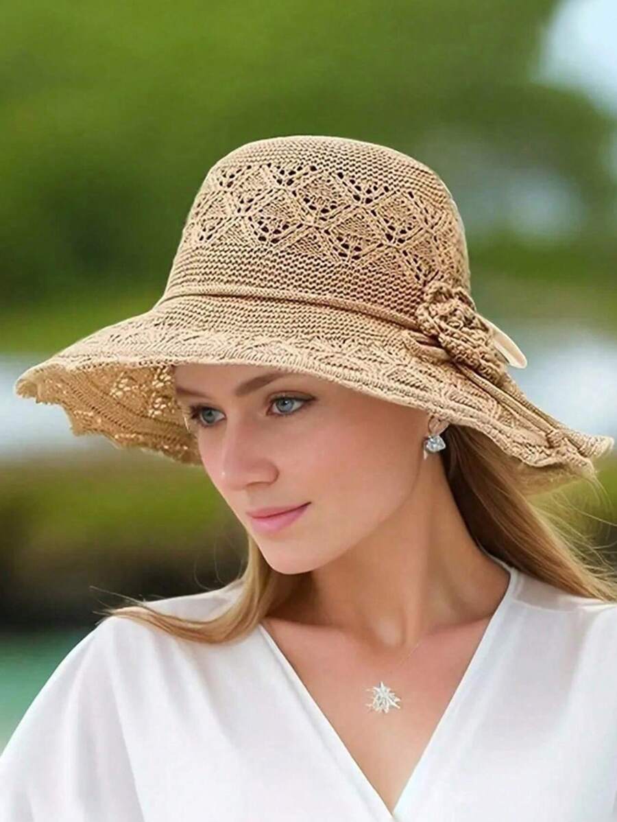 女式可折叠防水太阳帽，超大帽檐度假海滩草帽，条纹休闲波西米亚复古风格，涤纶，防晒，春夏
