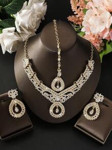 Juego de joyería de 4 piezas, lujoso y elegante, con cristales, que incluye aretes, collar, accesorio para el cabello, adecuado para novia de Dubái, fiesta de boda - conjunto de joyas - Ver 3