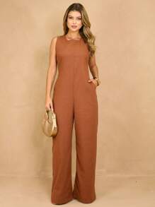 Elegant Linen Pantaloon Jumpsuit Wide Legs And Discreet Pockets - Camel - Ver 1