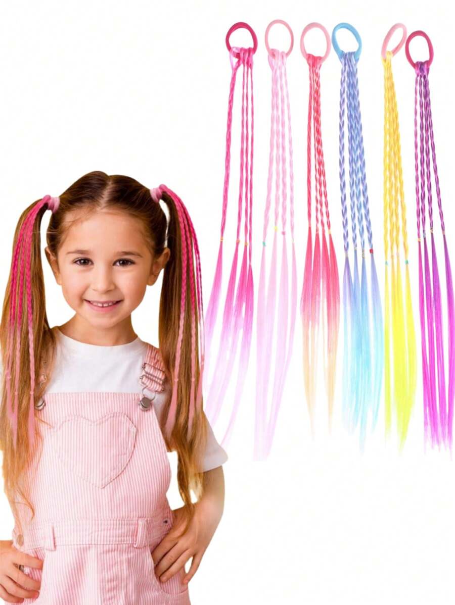 6 Pcs/24 Strands Kids Colorful Hair Extensions Braided Ponytail Hair Pieces Girls' Hair Accessories Crazy Hair Day Costume Accessories Colored Braids Hair Extensions With Rubber Bands Rainbow Braided Synthetic Hairpieces - Multicolor - View 1