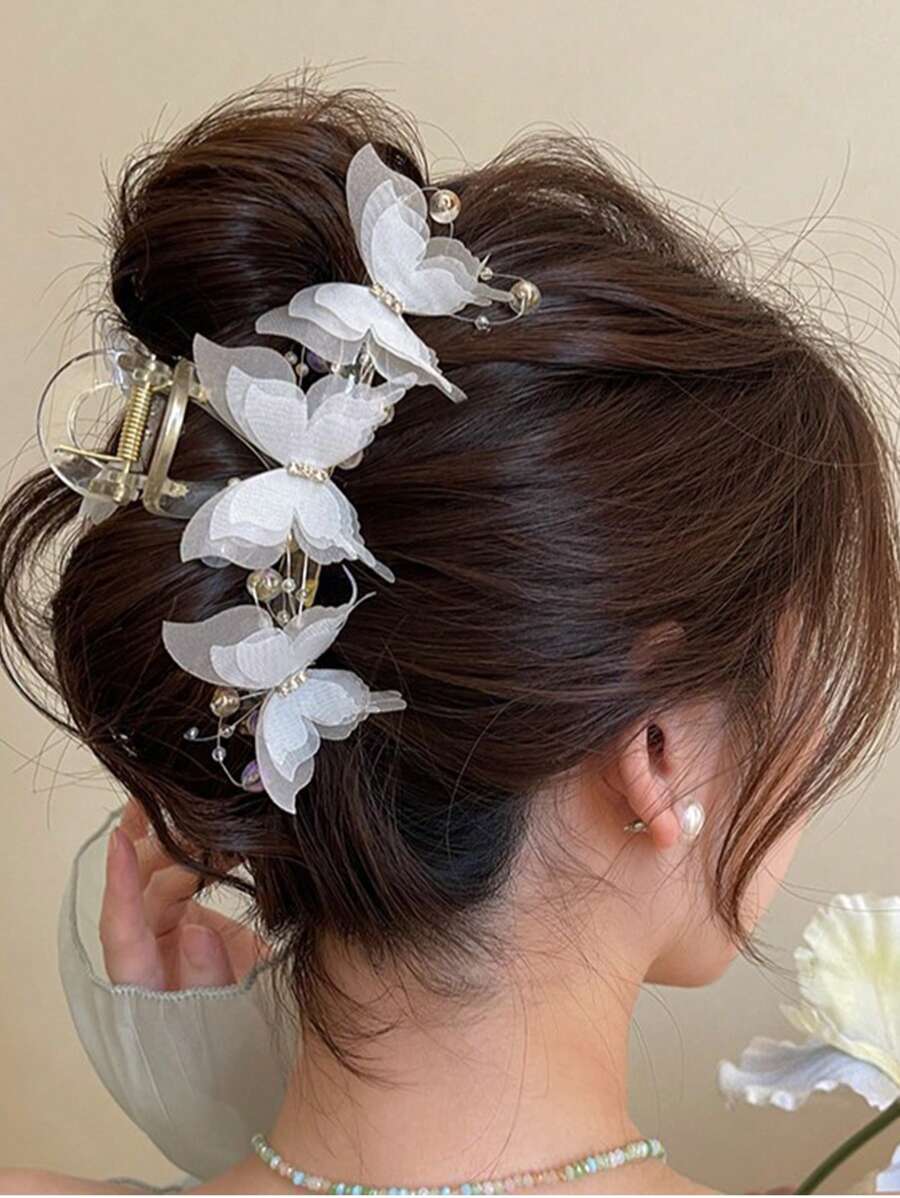 1 件优雅时尚精致的白色蝴蝶大号发夹，适合日常佩戴和正式活动，发饰，爪夹，发夹，发夹