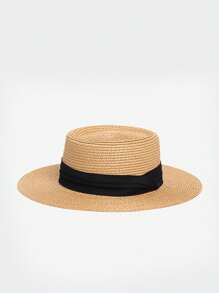 French Flat-Brimmed UV-Blocking Sunhat For Women, Foldable Design With Ribbon, Casual & Fashionable Straw Hat For Beach, Resort, Summer, Spring