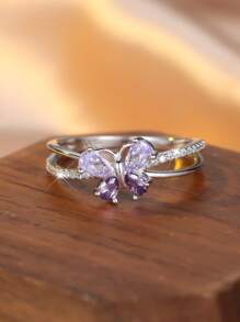 925 纯银精致紫蝴蝶戒指，女士珠宝礼物，适合周年纪念、生日、节日 - 銀色 - 查看 6