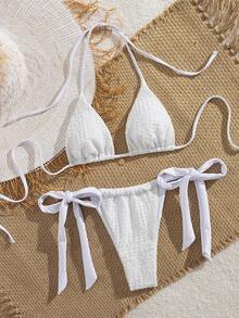 全新柔软纯色金属吊坠装饰性感海滩女士吊带系带派对比基尼套装，女士夏季海滩时尚比基尼 - 白色 - 查看 3
