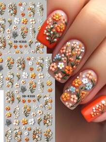 Stickers d'art pour ongles 5D en relief avec bouquet de fleurs de marguerite rose rêveuses, feuille de vigne verte et fleur à cinq pétales épanouissante et rose. Décorations de charms et fournitures pour manucure DIY