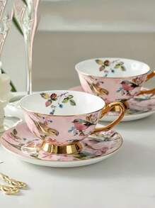 1 Set Of 6 Cups, 6 Plates, 6 Spoons (With Magpie Bird Spoons, Gold Cup Holder) & 1 Cup, 1 Plate, 1 Spoon Ceramic Tea Set, Trimmed With Gold Edges, Featured With Elegant Auspicious Bird Design, Suitable For Coffee, Dessert Plates, Vintage Afternoon Tea, Creative Minimalist Afternoon Tea Cup